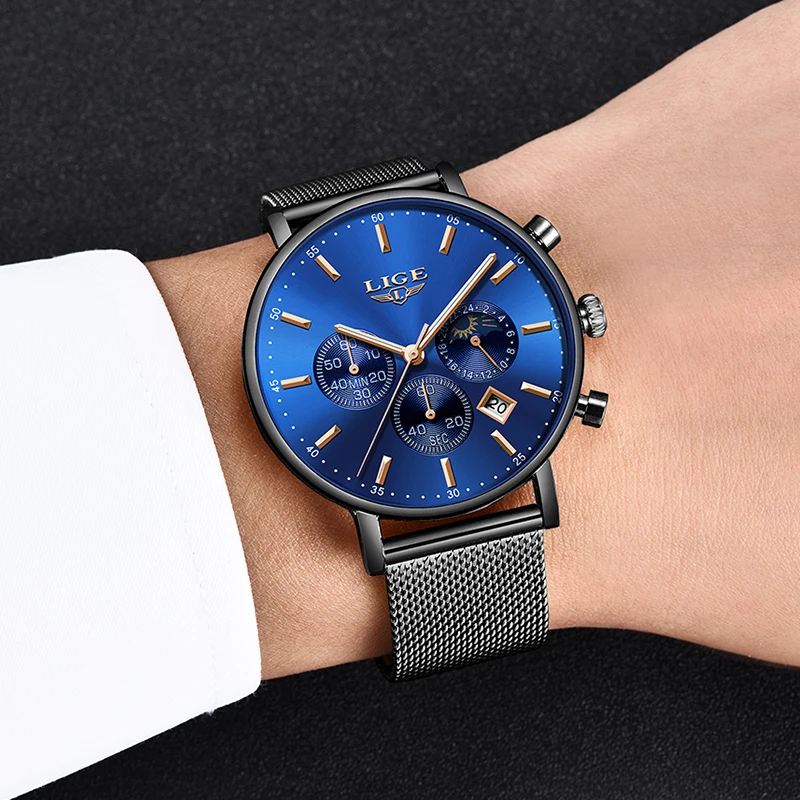 

Relogios Masculino LIGE New Men Watches 2019 Luxury Brand Ultra Thin Date Clock Male Mesh Strap Casual Sports Quartz Watches Men