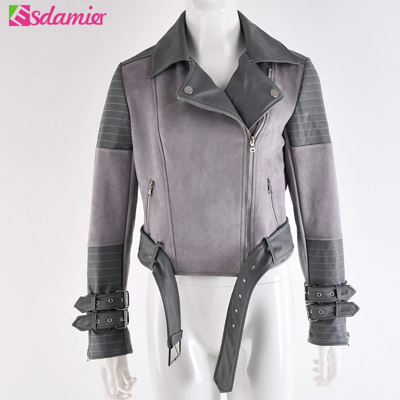 Женская замшевая куртка ESDAMIER черная мотоциклетная из искусственной кожи с