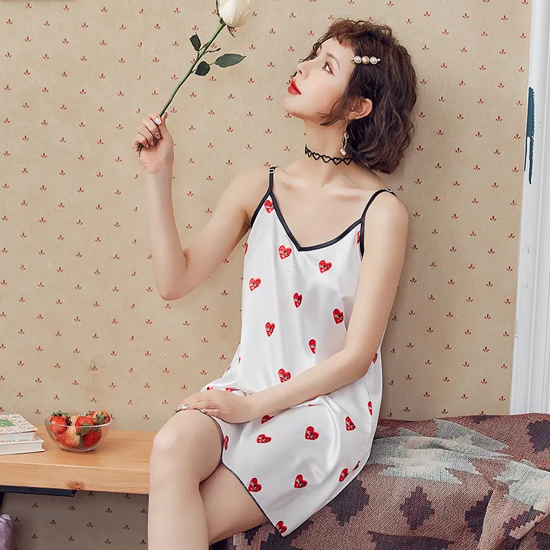 Roseheart Женская модная белая сексуальная ночная рубашка из искусственного шелка с
