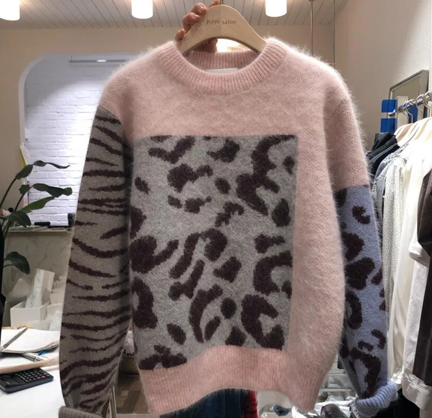 HAMALIEL High Quality Women Pink Patchwork Leopard Knitting Pullover Casual Autumn Winter Thick Mink Cashmere Loose Sweater Tops | Женская