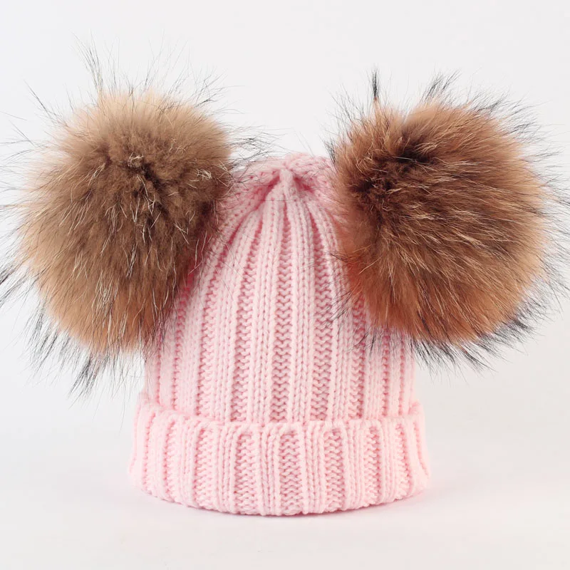 Pink Hat A Geebro 2 предмета набор для детей вязаная шапка и шарф с двойным реального помпонами для мальчиков и девочек громоздкая шапочка Шапки с меховые помпоны - Цвет: Pink Hat A