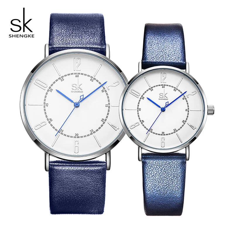Shengke модные парные часы кварцевые женские наручные часы набор Reloj Montre простой кожаный ремешок Валентина Любовь Подарки на день рождения - Цвет: Bule man and women