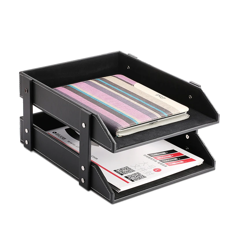 A4 Document File-Tray Rack File Organizer Double Layers Desk PU Leather For Office