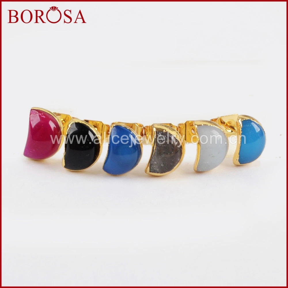 BOROSA Fashion Moon Shape Multi-kind Stone Faceted Stud Earrings 1pair Gold Color Crescent Druzy for Women G1297 | Украшения и