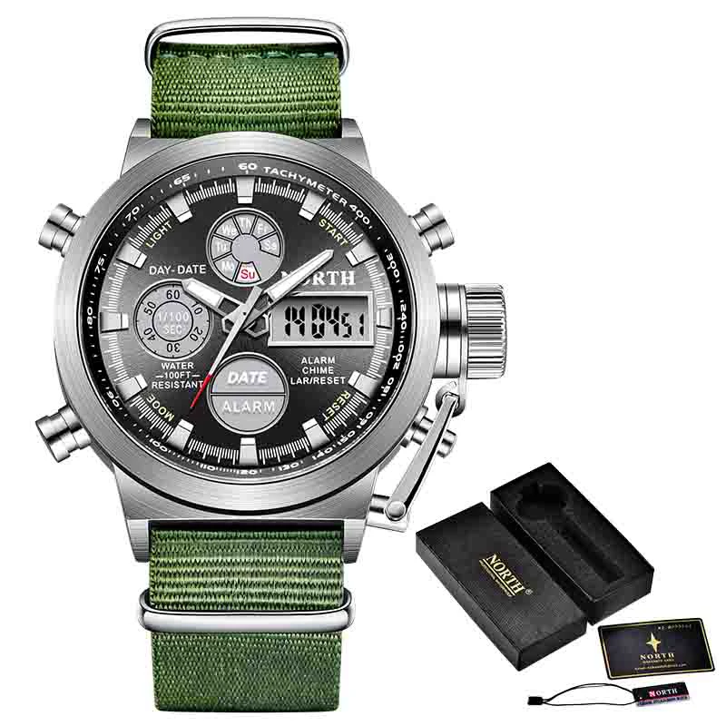 NL Green Silver Box NORTH спортивные часы мужские военные кварцевые часы для мужчин аналоговые светодиодные цифровые кожаные нейлоновые мужские часы повседневные водонепроницаемые наручные часы - Цвет: NL Green Silver Box