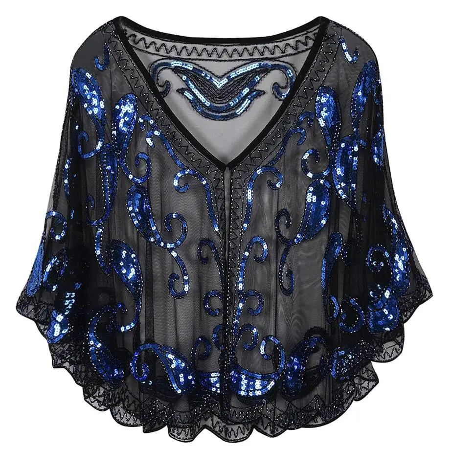Black Blue JaneVini Blingbling расшитый блестками женский плащ вышитая бисером Свадебная кофта Болеро шаль черные Серебряные Блестки вечерние свадебные куртки палантин - Цвет: Black Blue
