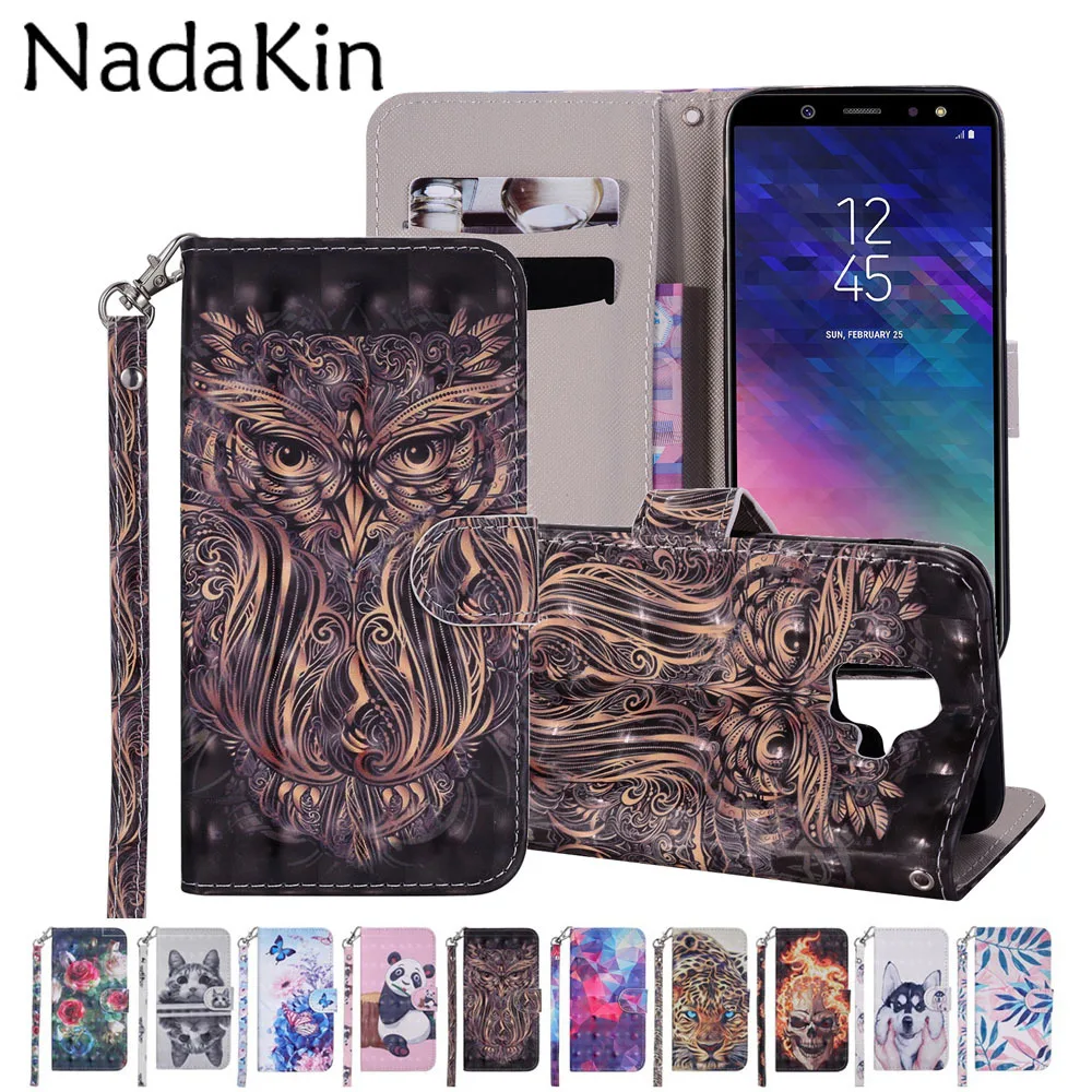 Кожаный чехол с 3D рисунком для samsung Galaxy A3, A5,, A6 Plus, A8,, откидной Чехол-книжка, кошелек, отделения для кредитных карт, держатель, Ручная Веревка