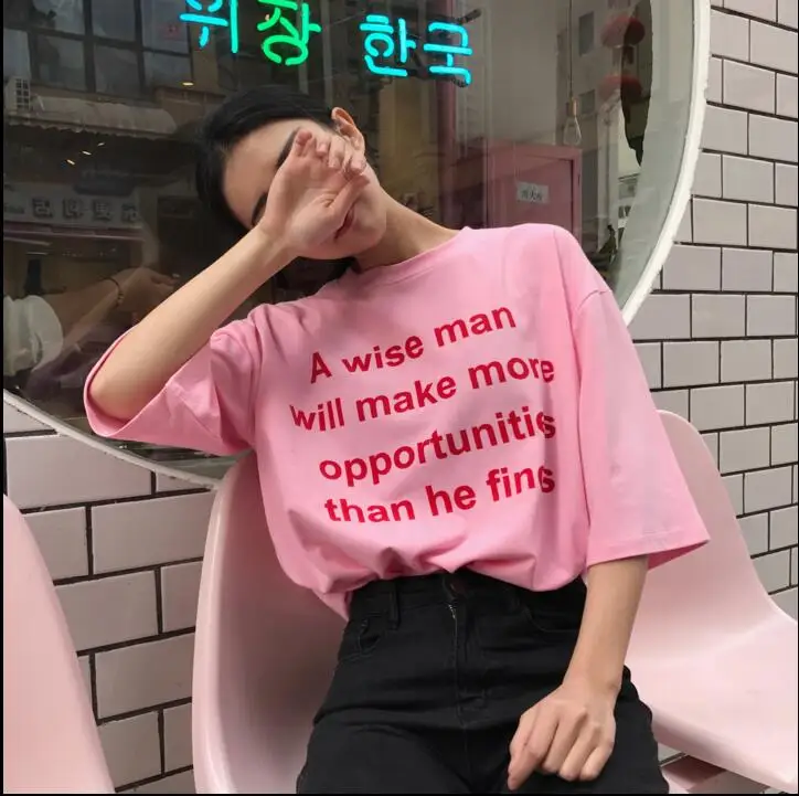 Корейский стиль колледжа новые розовые буквы с коротким рукавом|t shirt female|t shirtt style