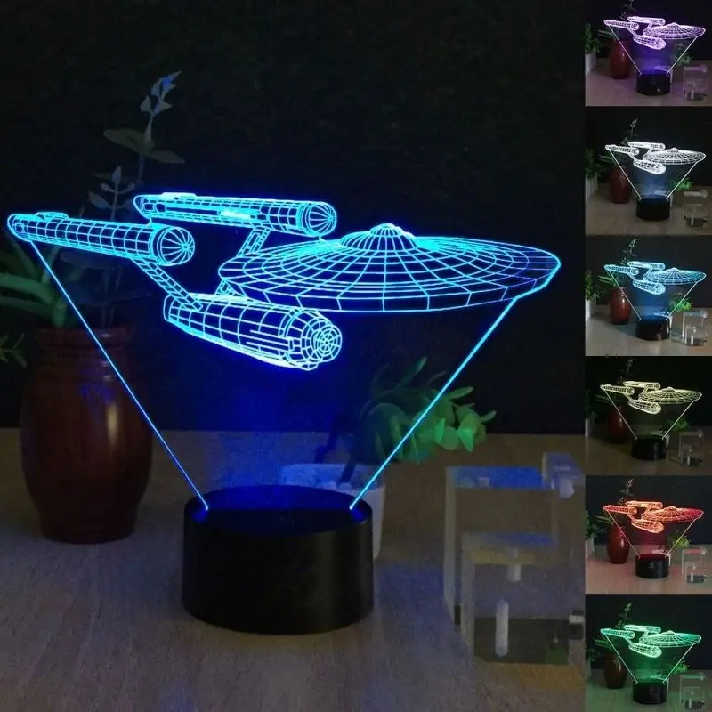 Творческий 3D космический корабль Форма 7 Цвет Свет USB настольные лампы Быстрая