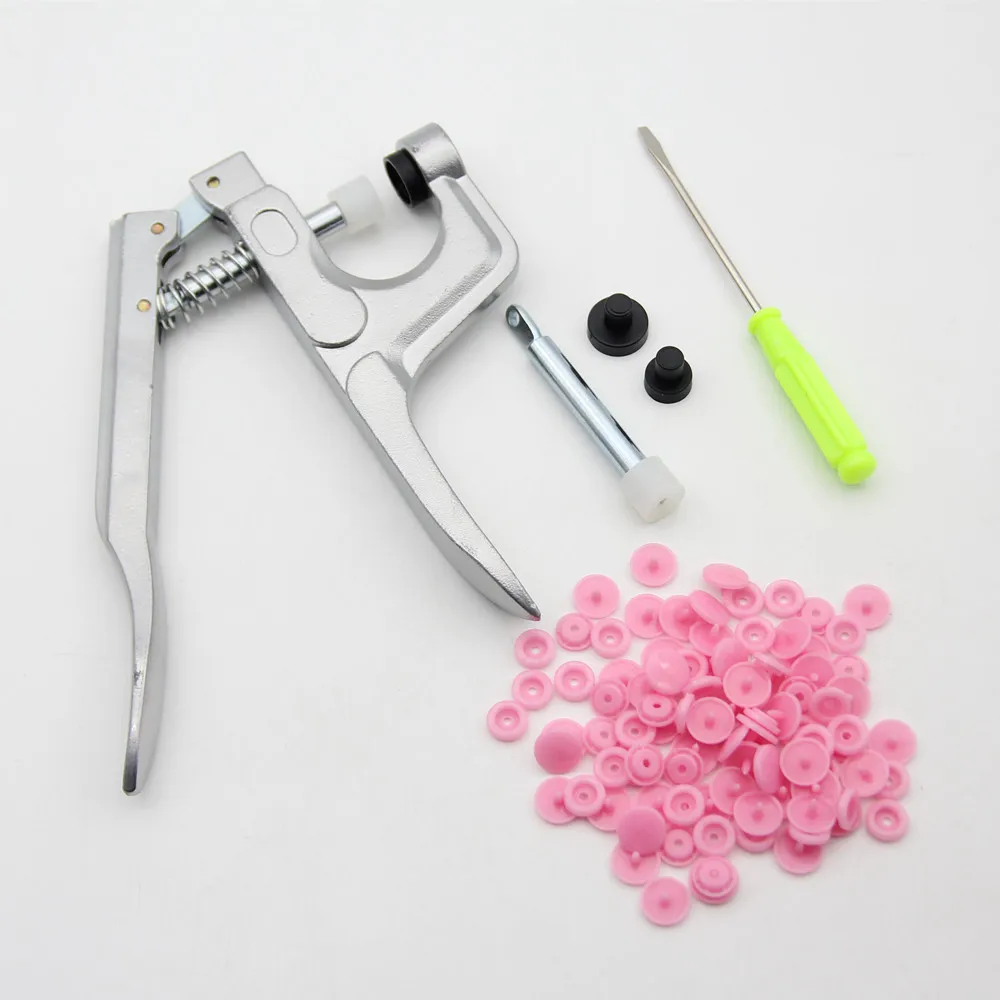 Pink as photo U Shape Fastener Snap Pliers 150 Set T5 12mm Round Plastic Resin Buttons Fastener Press Stud Baby Clothes Machine Sewing Tools - Цвет: Pink as photo
