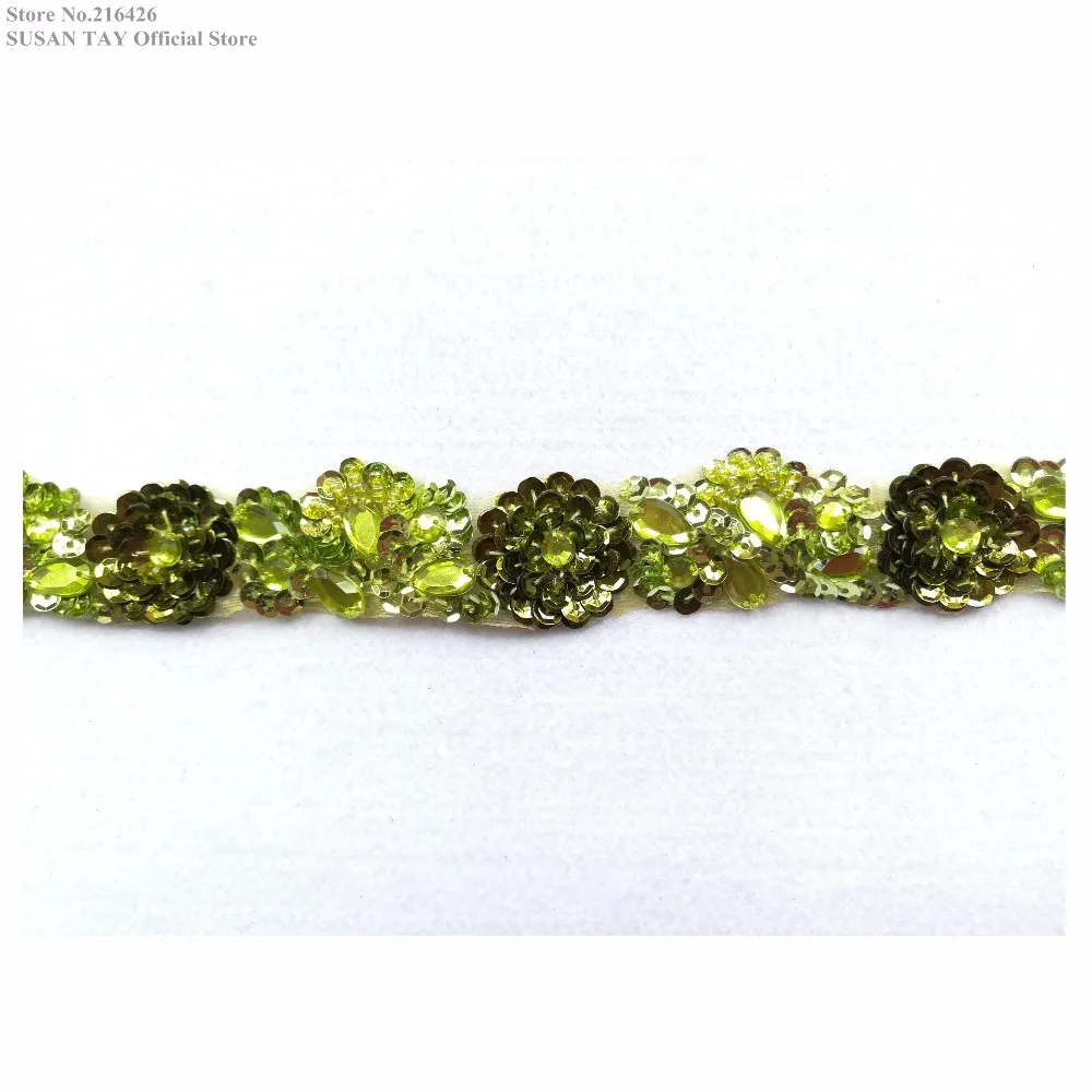 New Handmade Light Green Sequined Beaded Stoned 3D Flower Lace Ribbon Trims Dancing Dress Costume Wedding Decoration 1Yard BT77E | Дом и сад