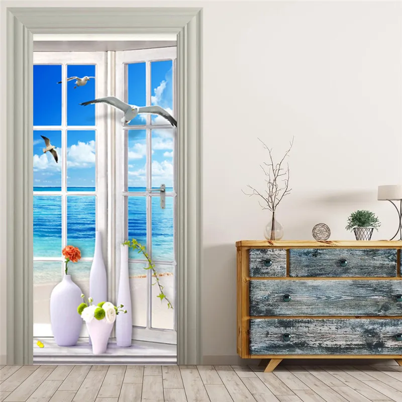 3D наклейка на дверь картина окно пейзаж обои гостиная ванная комната ПВХ