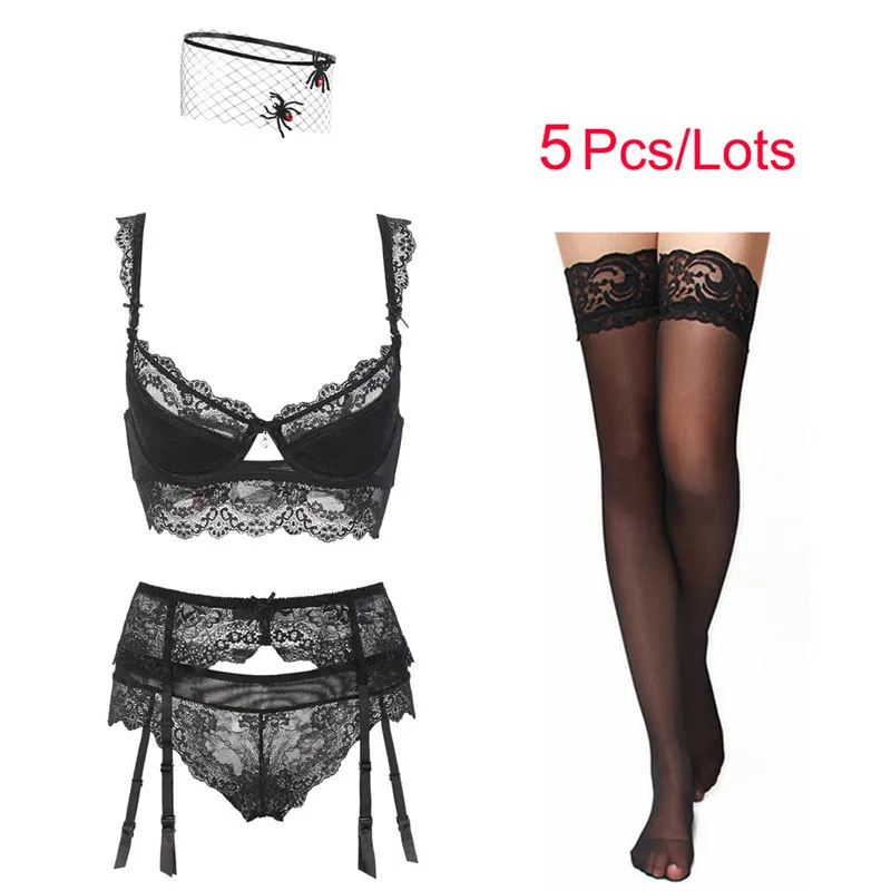 

Varsbaby Ladies Sexy Lace Thin Cotton Underwear 5 Buckle Bra Sets Halloween 5 Pcs/Lots