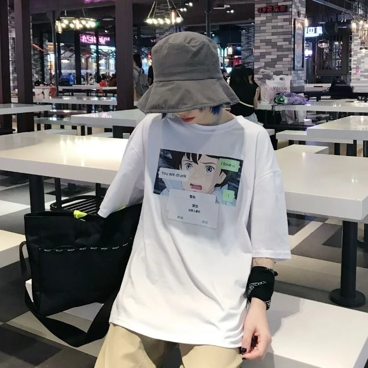 PUDO HJN японская мода аниме текст Эстетическая футболка корейский Ulzzang негабаритных Kawaii печатных тройник хипстер одежда в стиле гранж
