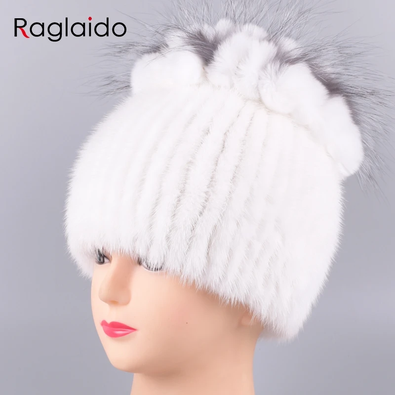 Raglaido норки шапки Российской knittd Настоящее меховую шапку с меха лисы украшения handsewing цветочный зимние шапочки снег шляпа LQ11211