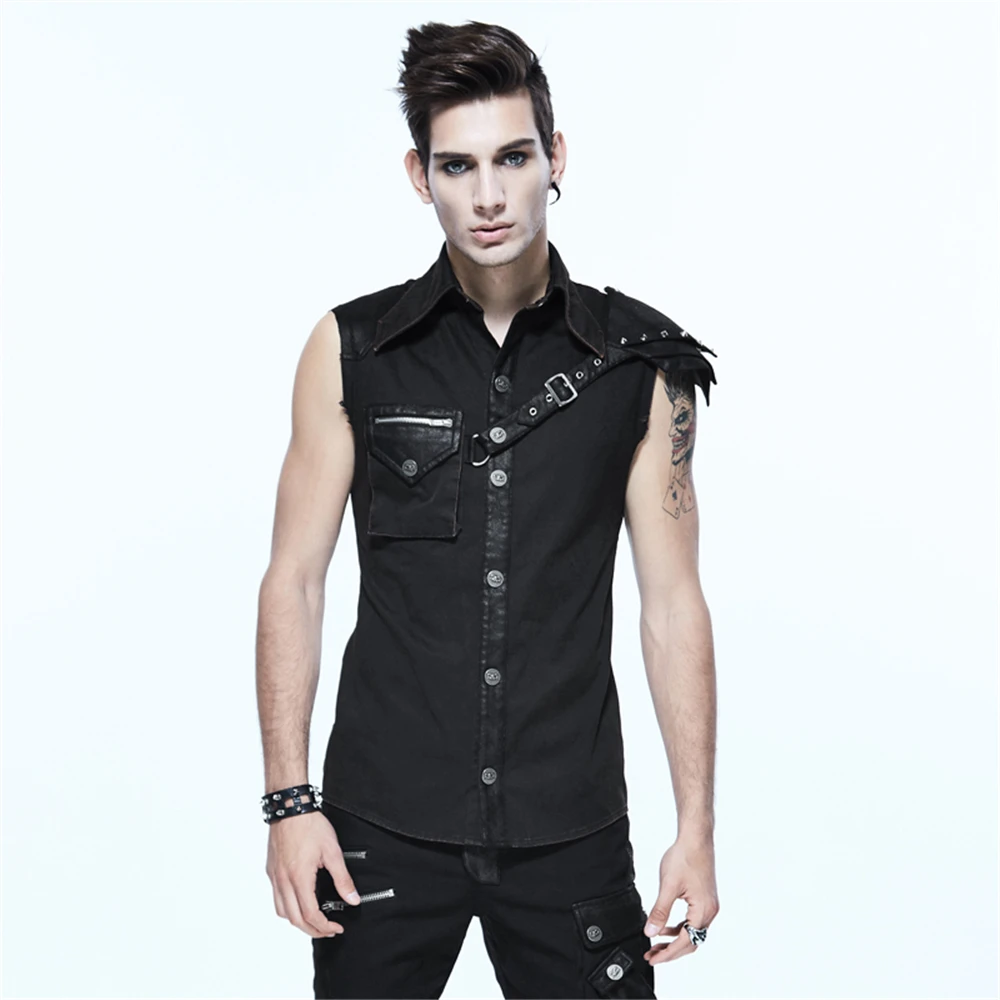 Steampunk Men's Button-down Shirt Slim-fitting Black Casual Summer Strap Sleeveless Tops | Мужская одежда