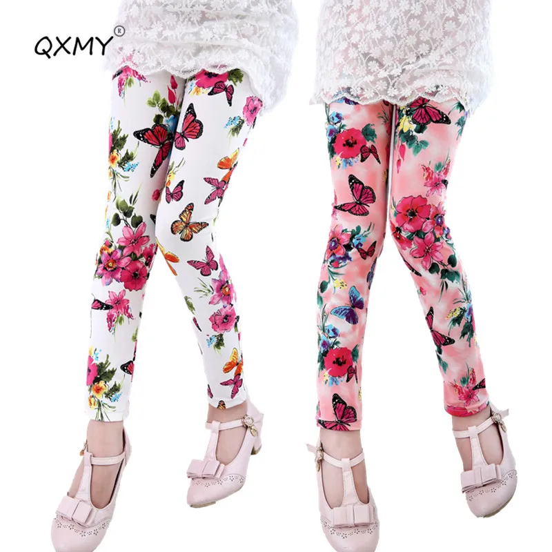 Весенне осенние леггинсы для девочек с цветочным принтом эластичные штаны