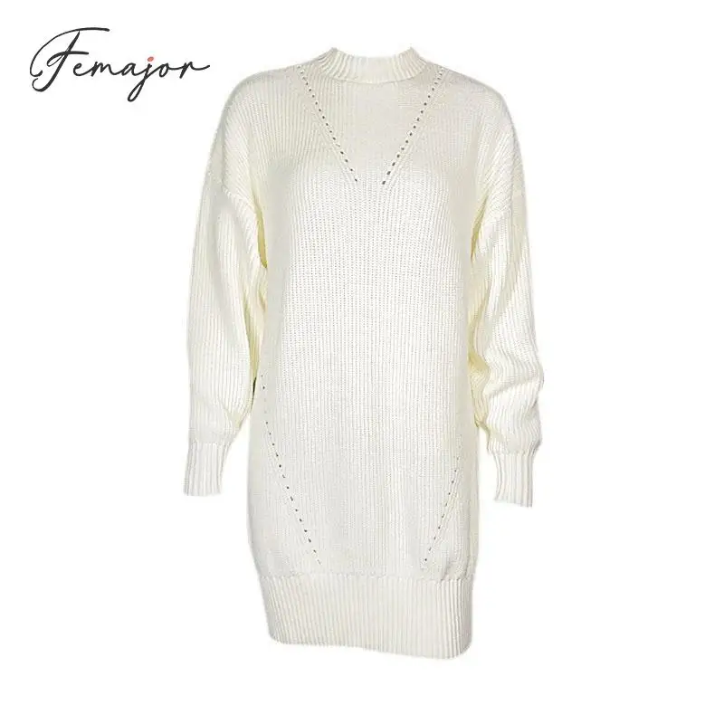 Femajor Women White Long Sweater 2019 Autumn Winter Fashion Loose Hollow Out Pullover Female Chic Knitted Short Dress Mujer | Женская
