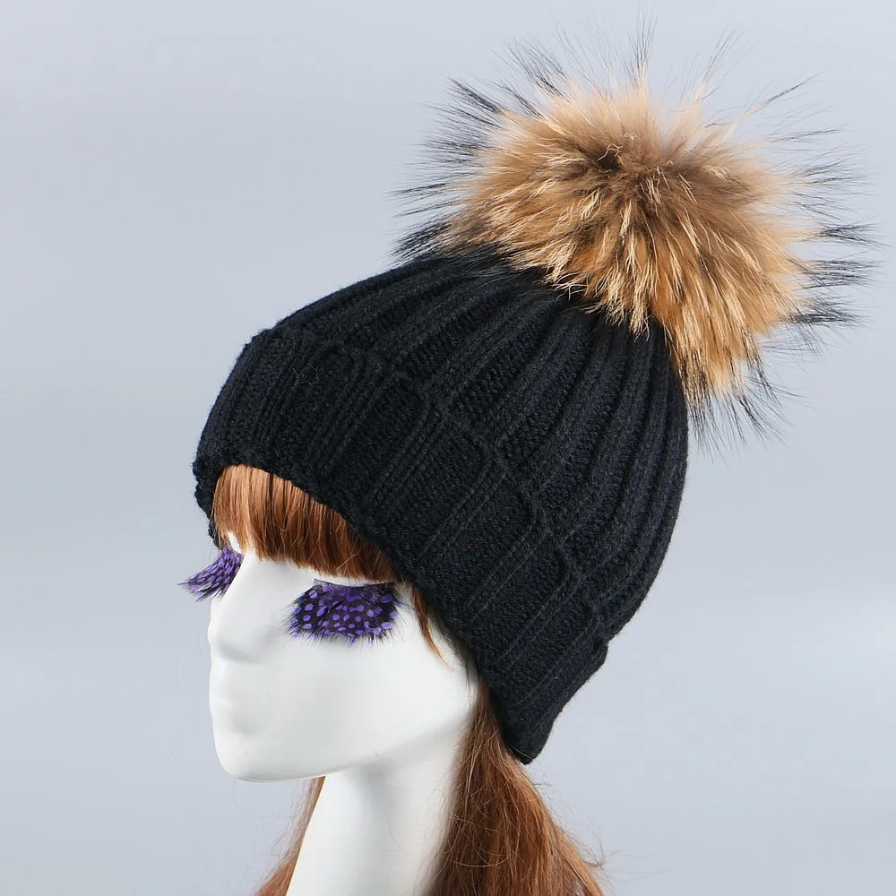 Шапка с помпонами из меха норки и лисы зимняя женская шапка вязаная шерстяная для