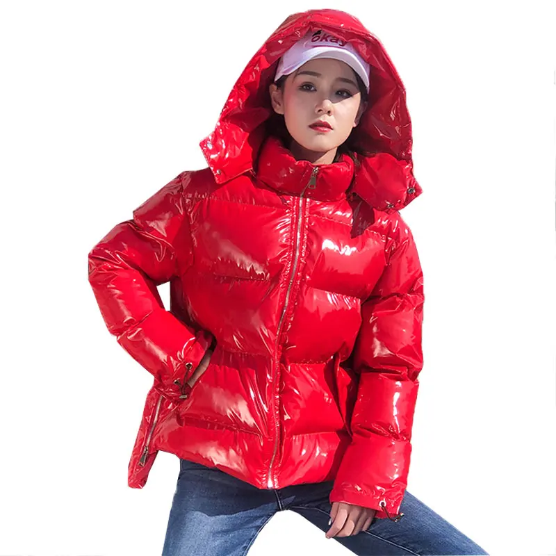 Red Модный короткий дизайнерский глянцевый женский пуховик, Зимняя парка, Женская водонепроницаемая Толстая теплая Свободная Женская зимняя куртка с капюшоном, 100 - Цвет: Red