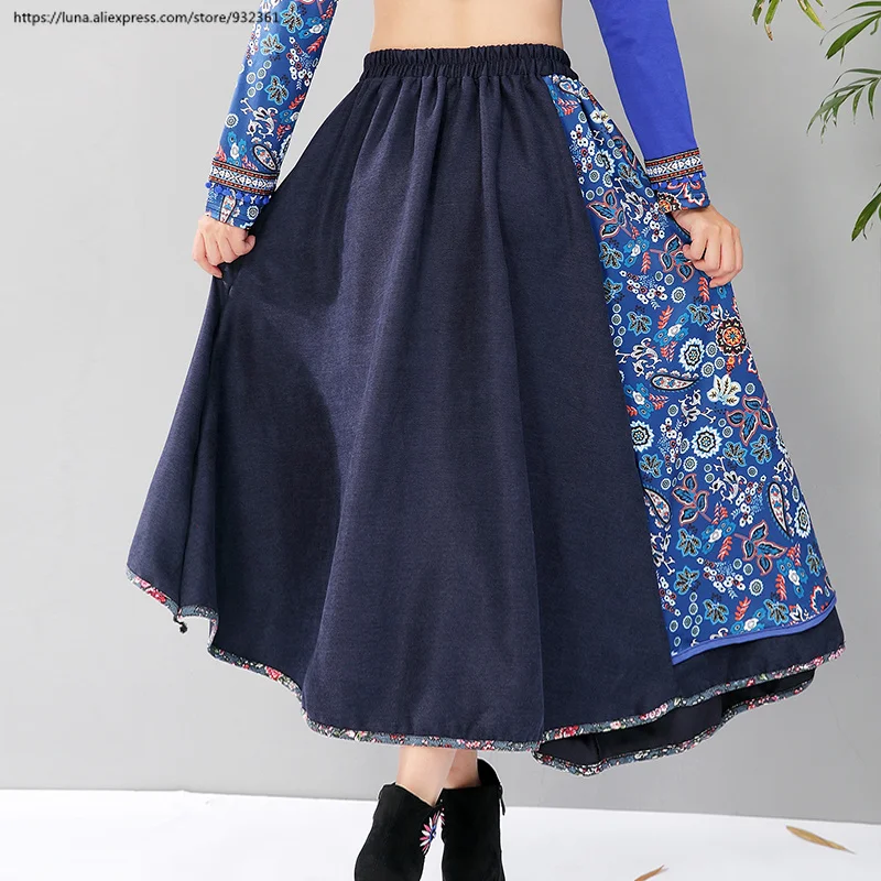 Ретро boho печатных Асимметричная для женщин Длинная юбка осень зима Высокая талия