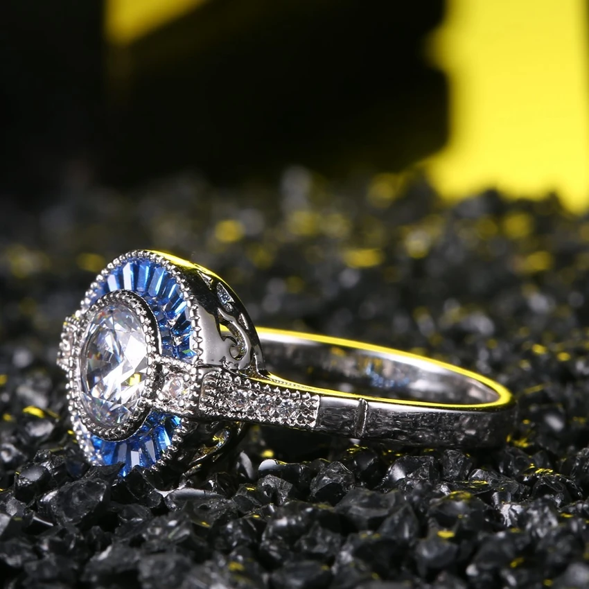 ZHE FAN AAA Luxury Blue Cubic Zirconia Vintage Ring Rhodium Plated Jewelry Rings For Women Wedding Party Christmas Day Gift New | Украшения