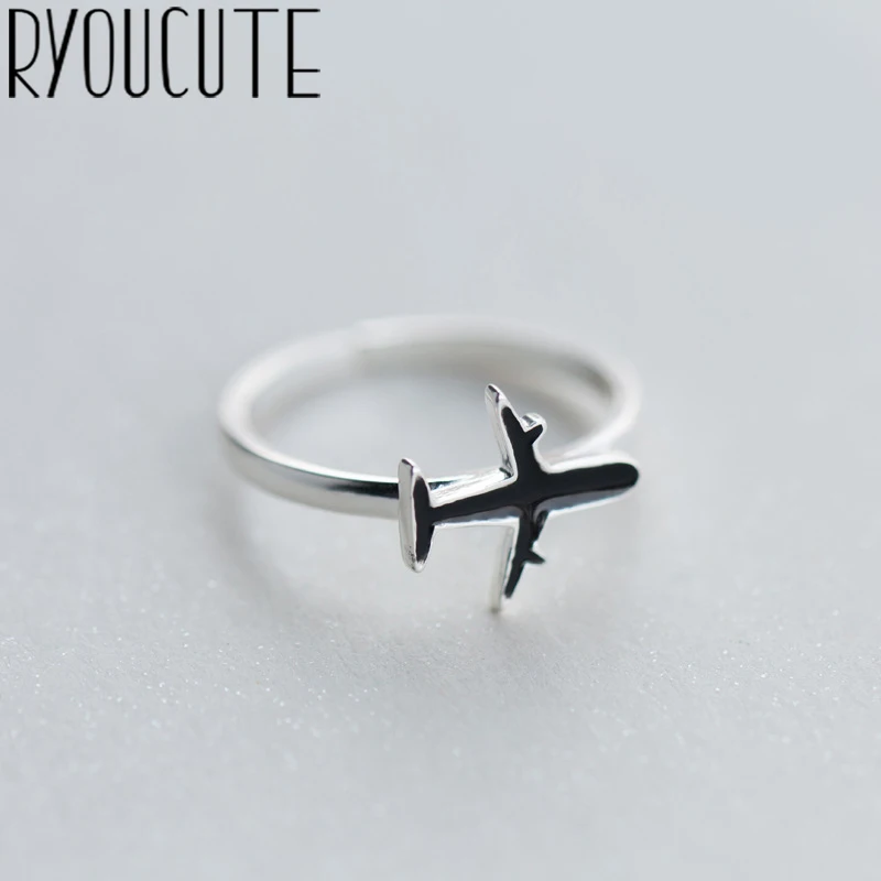 RYOUCUTE 100% Real Silver Color Jewelry Fashion Big Black Airplane Rings for Women Bijoux Statement Antique Ring Anillos