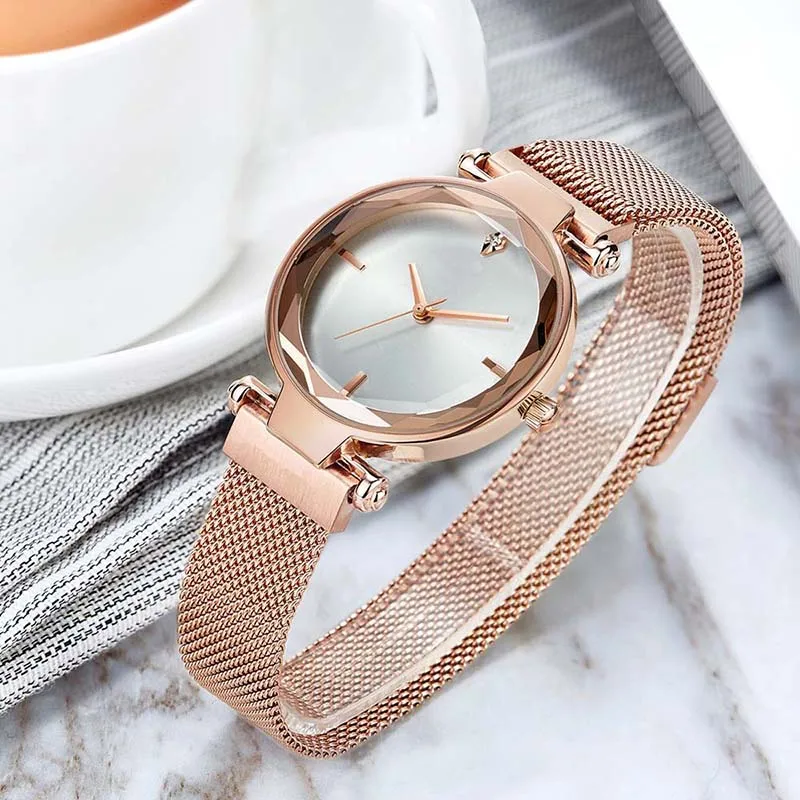 Rose Gold Женские часы-браслет креативные наручные часы Звездное небо магнитные наручные часы со стразами relogio feminino montre femme - Цвет: Rose Gold
