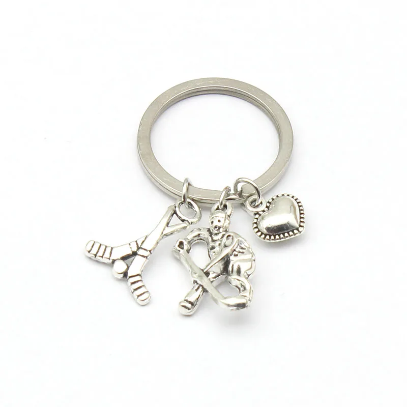 

Antique Silver Plated Hockey Players pendant key ring Hockey Heart charms Sports keychain jewelry Findings