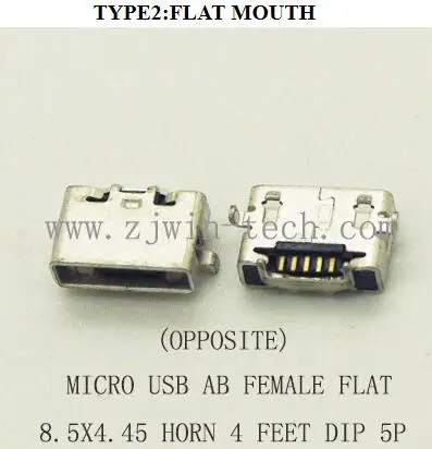 

10pcs/lot Micro USB Connector AB Type Female Jack Phone Tail Charging 8.5x4.45 Oppoisite Horn DIP FLAT MOUTH