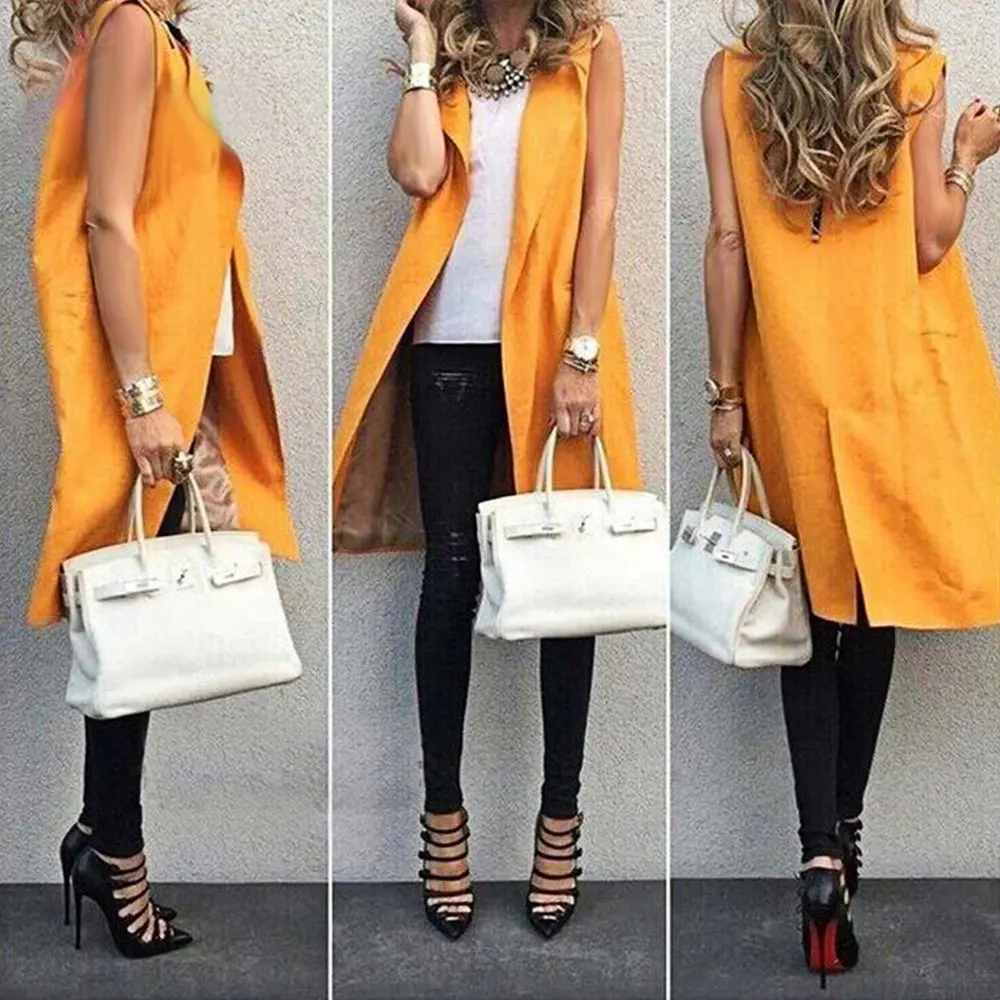 Nice Fashion Orange Long Vest Woman Sleeveless Lapel Collar Pocket Open Stitch Casual Winter Plus Size Waistcoat | Женская одежда