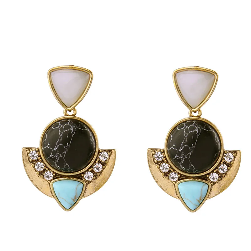 Antique Gold Color Patterned Synthetic Stone Black Earring Geometric Pendant Women Resin Vintage | Украшения и аксессуары