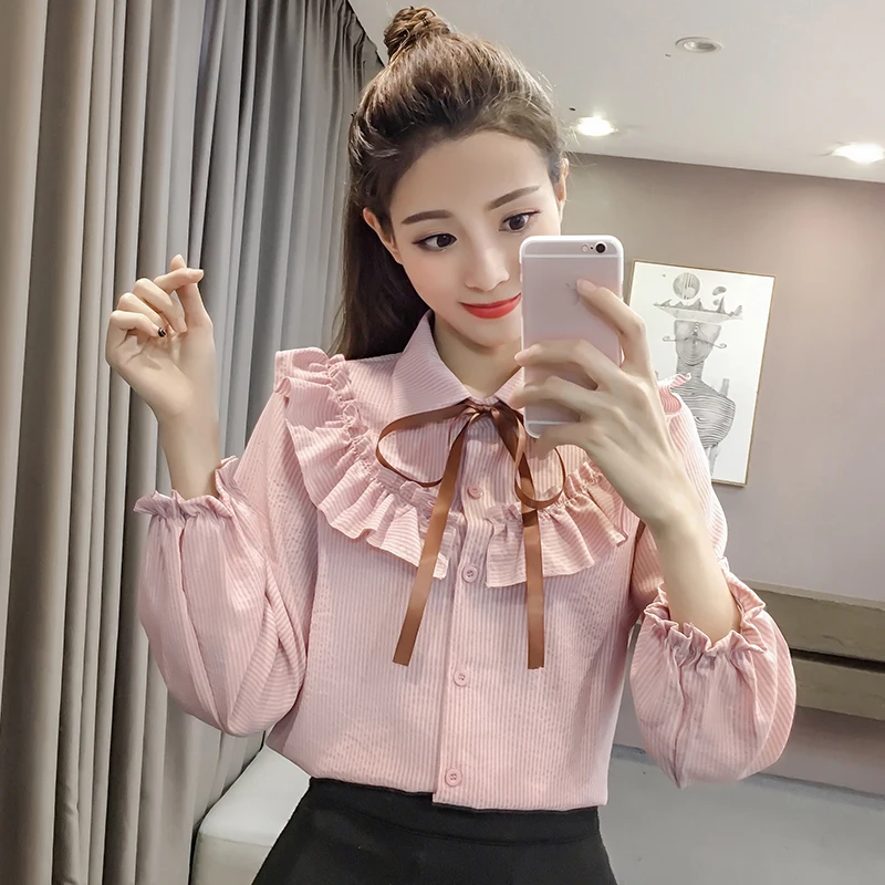 Женская блузка в полоску с бантом и отложным воротником|formal shirts ladies|autumn women blouseswomen