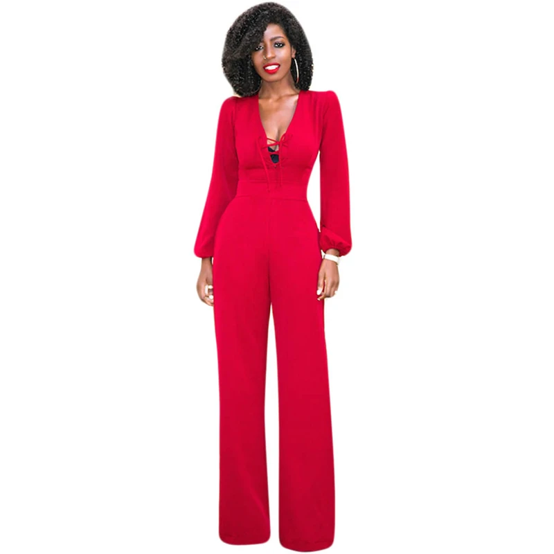 2017 new Sexy Women autumn loose casual Jumpsuit long sleeve v-neck wide leg solid jumpsuit romper trousers | Женская одежда