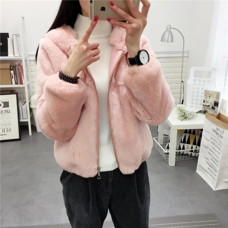 

Ear Hooded Whole Skin Real Rex Rabbit Fur Coats Outerwear Women Zipper Lovely Sweet Natural Fur Jackets for Autumn and Winter
