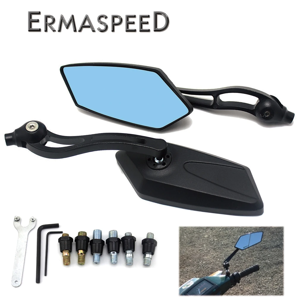 

1 Pair Universal Motorcycle Rearview Side Mirrors Aluminum Handlebar 8MM 10MM Blue Lens Side Mirror for Motorbike Scooter Bike