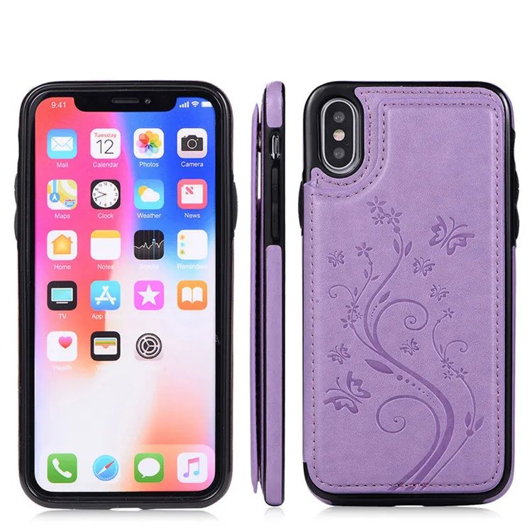 Purple Tikitaka Butterfly Pattern Wallet Case For iPhone 7 8 Plus XR XS Max Magnet Leather Flip Cases For iPhoneX 7Plus 6 6S Plus Cover - Color: Purple