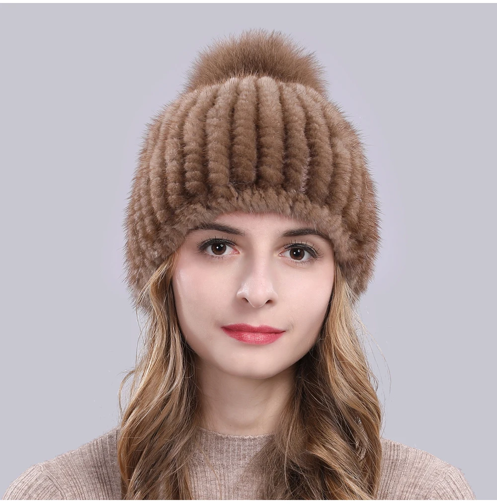 Lovely Real Mink Fur Hat Women Winter Knitted Real Mink Fur Beanies Hats With Fox Fur Pom Poms New Thick Real Mink Fur Cap