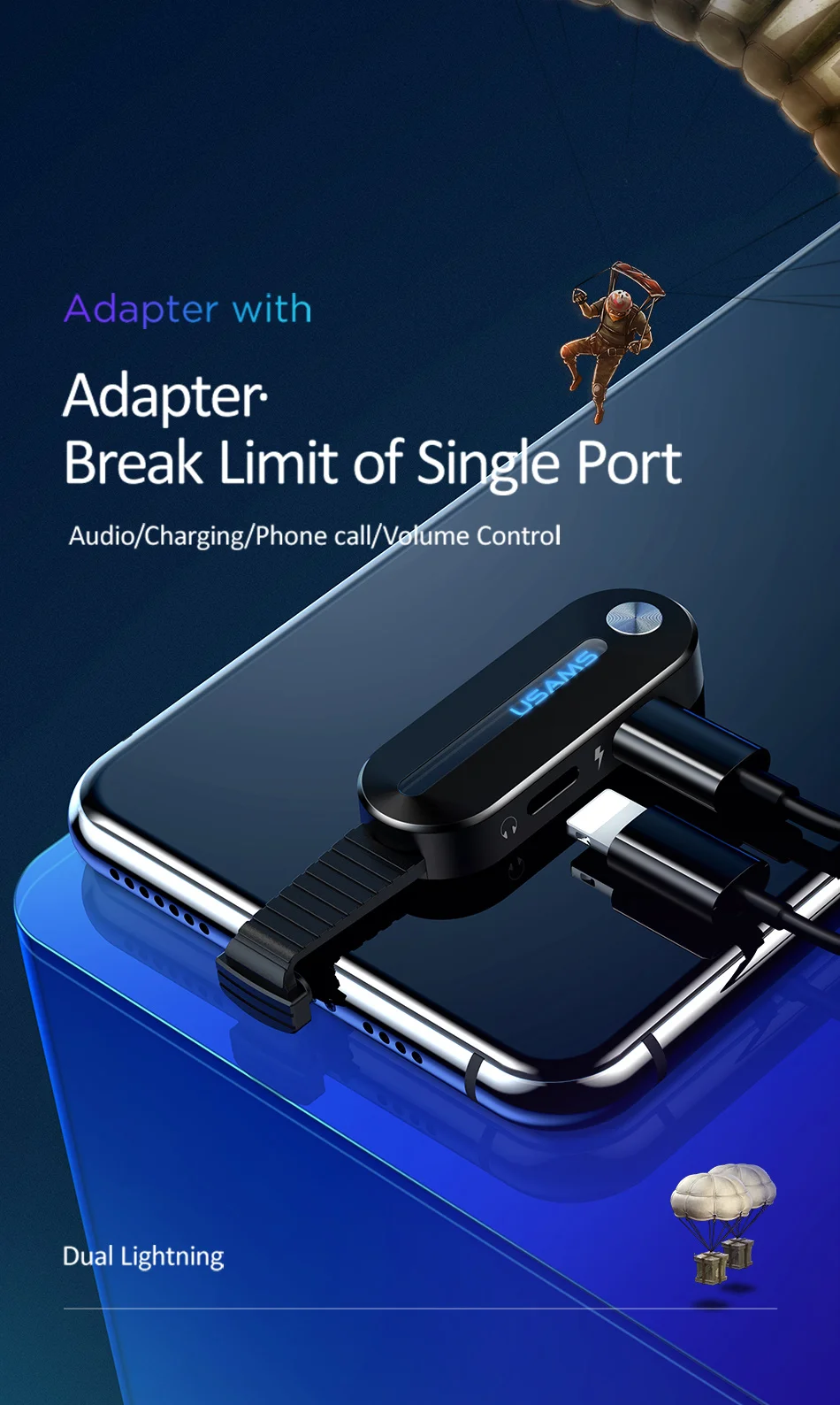 USAMS Dual для Lightning адаптер 2 в 1 аудио Зарядка для iPhone X XS 7 8 адаптер для Lightning+ 3,5 мм 2A зарядка OTG адаптер