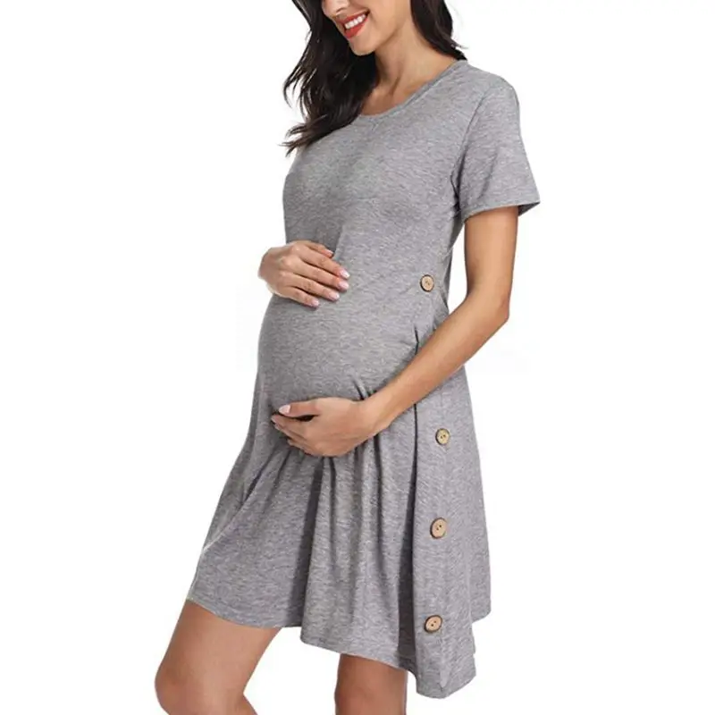 Gray Модное женское платье для беременных с коротким рукавом, однотонное платье для беременных с круглым вырезом, ТРАПЕЦИЕВИДНОЕ платье для беременных женщин, ежедневные летние платья - Цвет: Gray