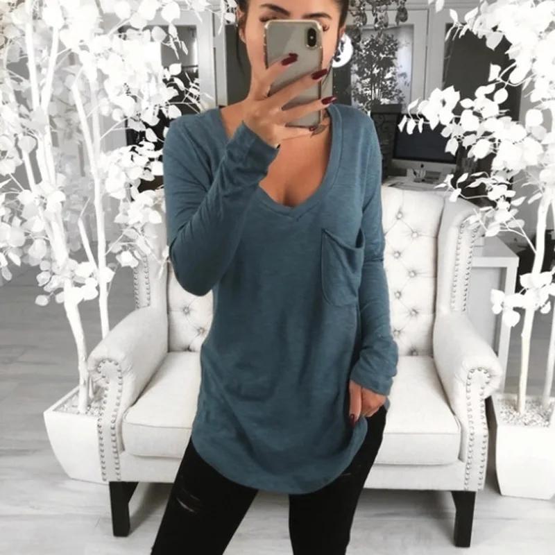 A Forever 2019 Spring Hot Sale Casual Tops Women T-Shirt Deep V-Neck Tees Long Sleeve With Pocket Loose Bottoming M-1074 | Женская