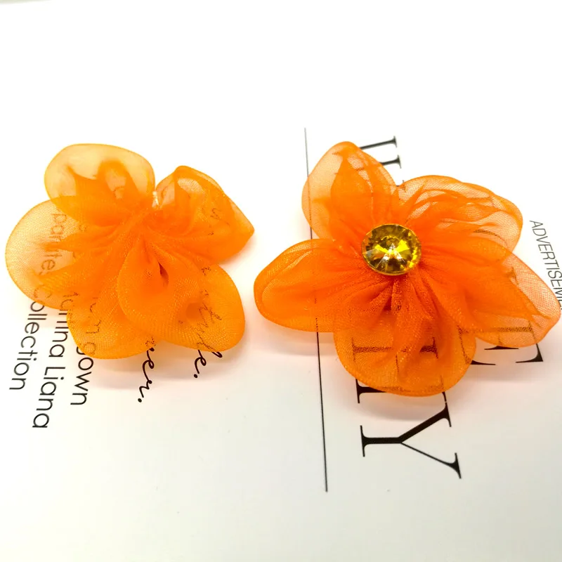 

50pc Handmade Orange Organza Rhinestone Flowers Hair Pins DIY Bridal Wrist Brooch Flower Accessories Sewing Scrapbook Supplies