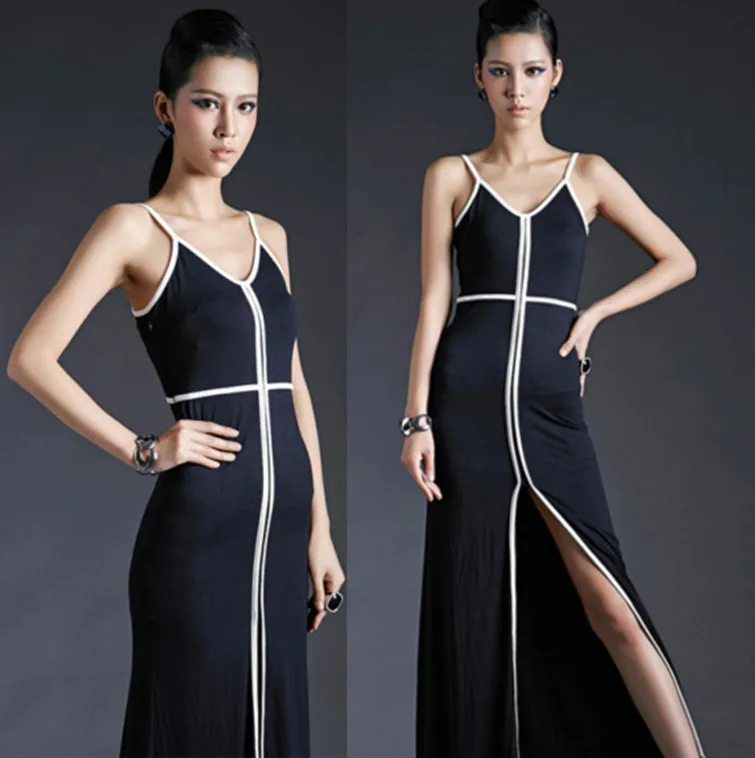 European and American trade big temperament spring classic black white color dress slit evening strap | Женская одежда