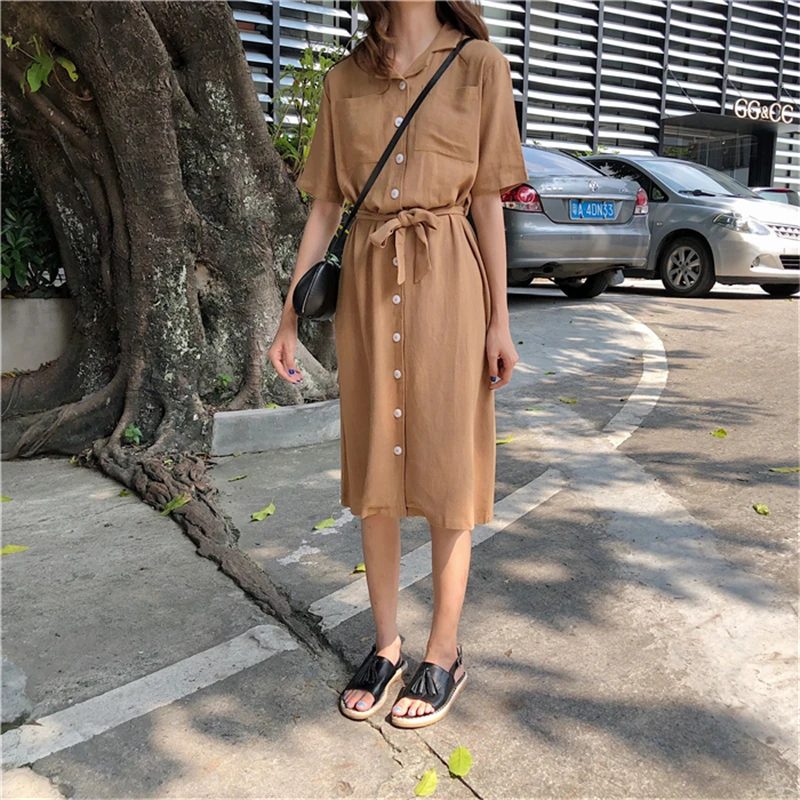 Hzirip Корея Винтаж до колена платья Для женщин короткий рукав пояса одноцветное