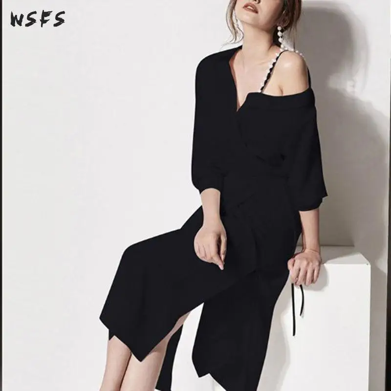 Летнее платье-рубашка белое черное на одно плечо женское платье элегантное