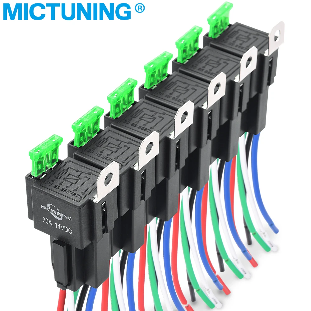 MICTUNING 12V Предохранитель реле 6 шт. 30A предохранитель Реле Жгут Комплект-работающего на постоянном токе 12 В в 4-контактный разъем SPST автомобильные реле 14 AWG горячая провода