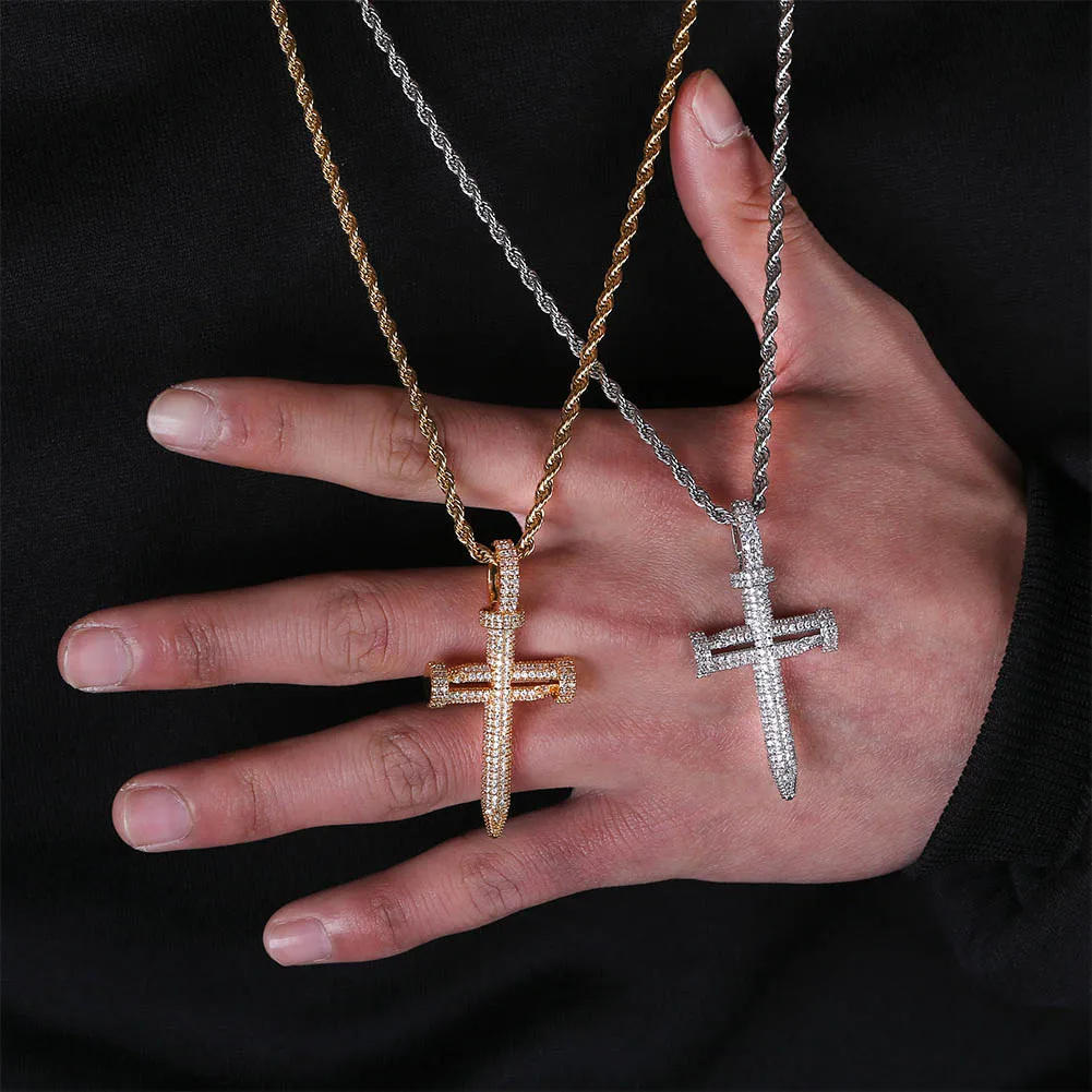 Iced Out Bling ногтей крест кулон ожерелье мужские/женские микро проложили AAA CZ хип хоп золотой цвет серебра талисман цепи ювелирные изделия подарок