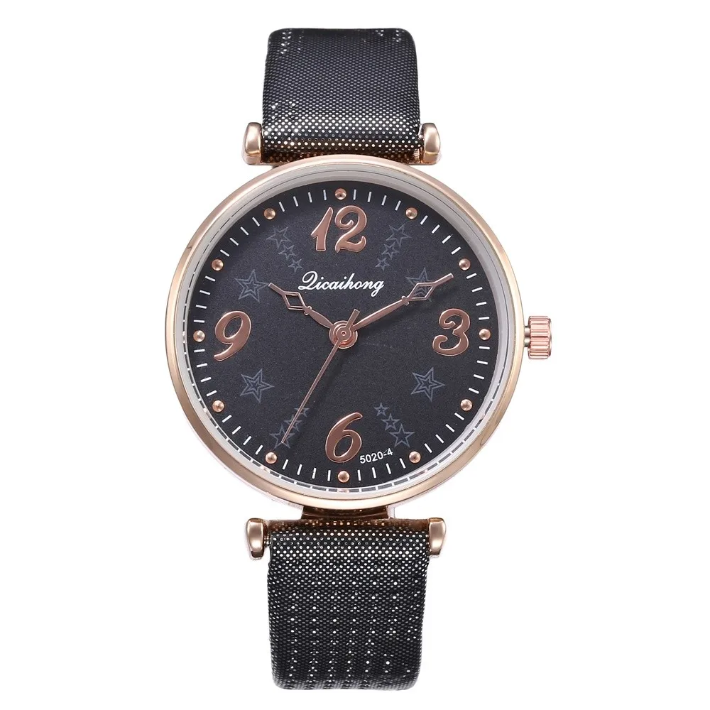 Женская мода кожаный ремешок аналоговые кварцевые круглые наручные часы