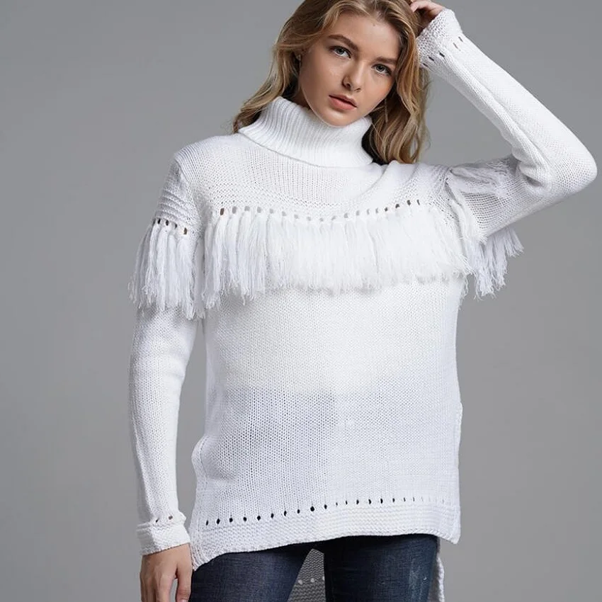 Women's Turtlenecks Winter Sweater Long pullover female fashion slim side slit white sweaters women knitted Tassel clothes | Женская