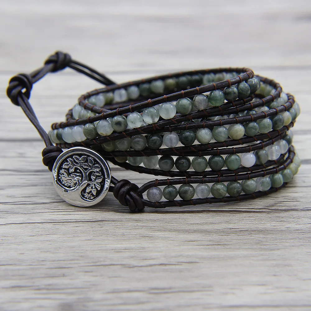 Boho Smaragdite браслет из бисера Йога бусина обертывание кожаный чехол для браслета в
